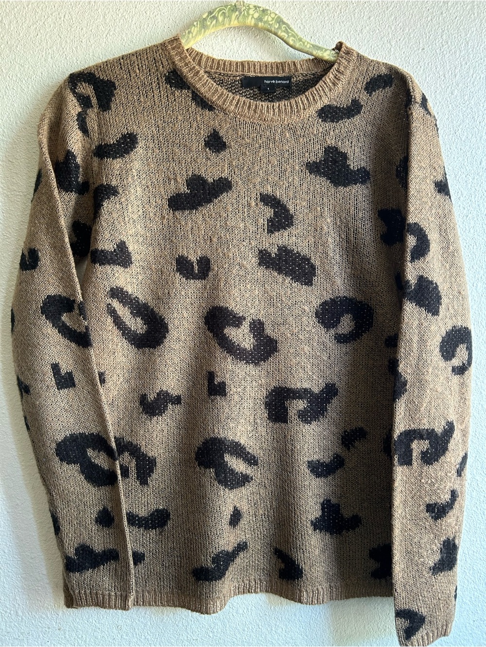 Harve Benard Tan Crewneck Sweater with Black Leopard Spots